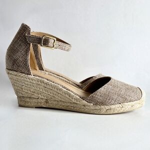 Talbots New Espadrille Wedge Heels With Ankle Strap, Brown, Tan, & Gold, Size 8